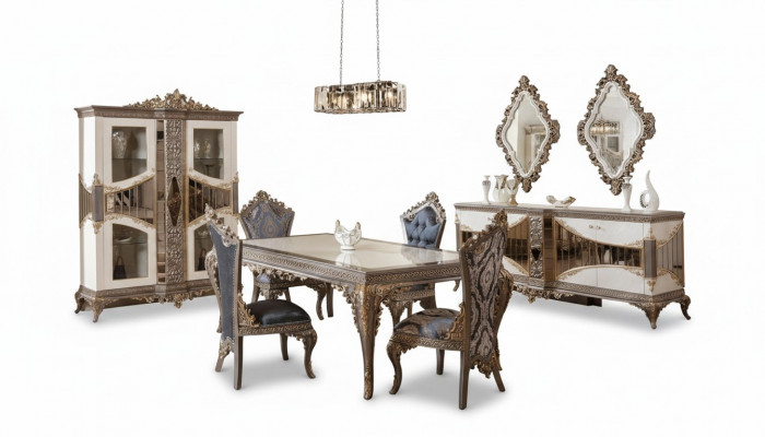 Wit-Taupe eetkamerset eettafel eetkamerstoelen dressoir spiegel