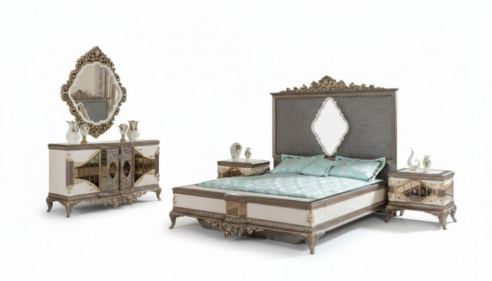 Klassieke grijze slaapkamer luxe set tweepersoonsbed 2x nachtkastjes