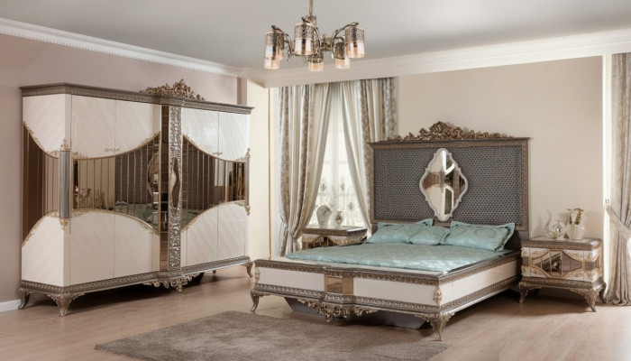 Wit-gouden slaapkamerset tweepersoonsbed 2x nachtkastjes kast set bed