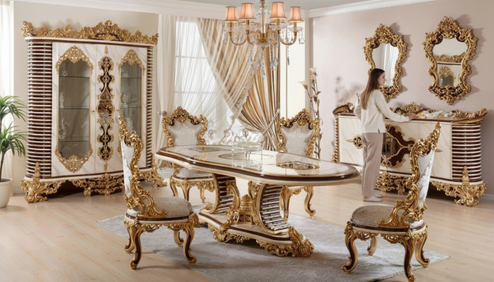 Gouden klassieke eetkamer set eettafel 6x stoelen dressoir spiegel