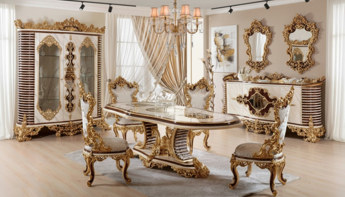 Gouden klassieke eetkamer set eettafel 6x stoelen dressoir spiegel