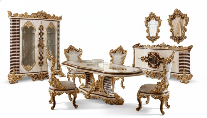 Gouden klassieke eetkamer set eettafel 6x stoelen dressoir spiegel