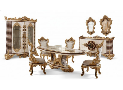 Gouden klassieke eetkamer set eettafel 6x stoelen dressoir spiegel