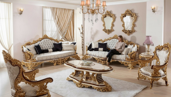 Klassieke witte Chesterfield bankstel 3+3+1 zits salontafel 4-delig