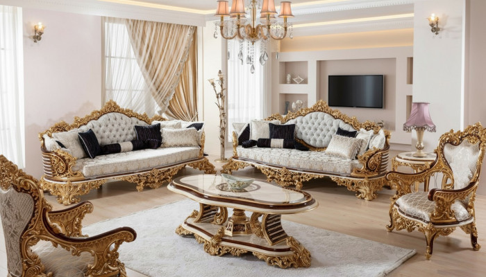 Klassieke witte Chesterfield bankstel 3+3+1 zits salontafel 4-delig