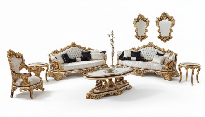 Klassieke witte Chesterfield bankstel 3+3+1 zits salontafel 4-delig