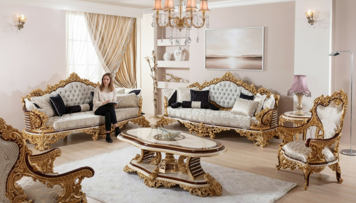 Wit-gouden Chesterfield bankstel 3+3+1 zits bank fauteuil 3-delig.