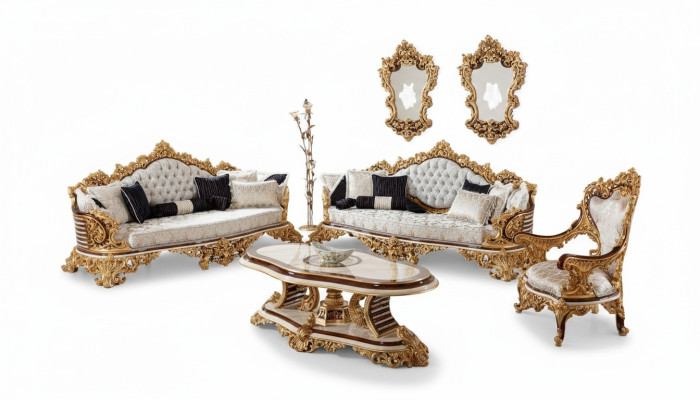 Wit-gouden Chesterfield bankstel 3+3+1 zits bank fauteuil 3-delig.