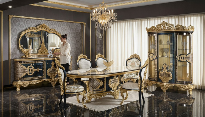 Stijlvolle klassieke eetkamerset eettafel ladenkast spiegel stoelen