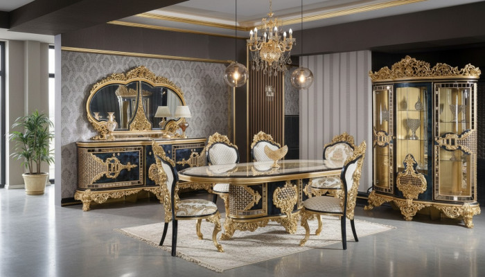 Stijlvolle klassieke eetkamerset eettafel ladenkast spiegel stoelen