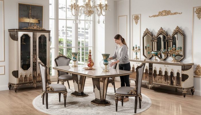 Klassiek witgouden eetkamerset, eettafel met 6 stoelen en een dressoir.