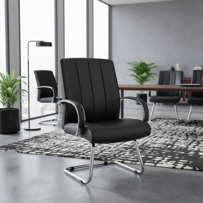 Chefsessel van zwart leder met bekleding, bureaustoel, computerstoelen, stomeubilair, nieuw.
