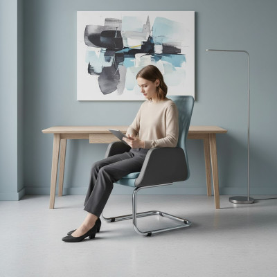 Moderne bureaustoel met stijlvolle gestoffeerde textiel in blauw. Nieuwe stoel.