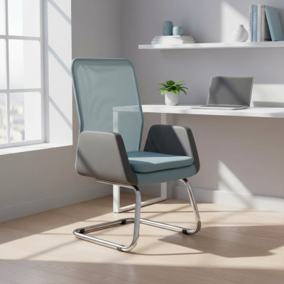 Moderne bureaustoel met stijlvolle gestoffeerde textiel in blauw. Nieuwe stoel.