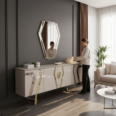 Luxe wit-gouden dressoir met spiegel, ontwerper sideboard houten meubels