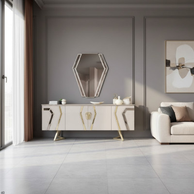 Luxe wit-gouden dressoir met spiegel, ontwerper sideboard houten meubels