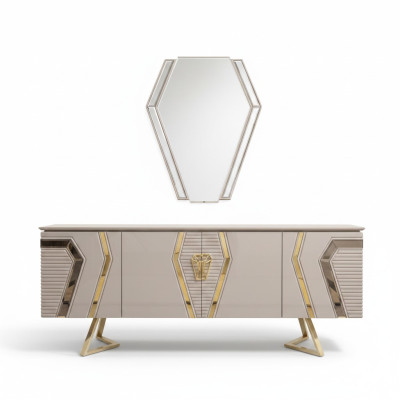 Luxe wit-gouden dressoir met spiegel, ontwerper sideboard houten meubels