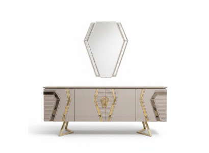 Luxe wit-gouden dressoir met spiegel, ontwerper sideboard houten meubels