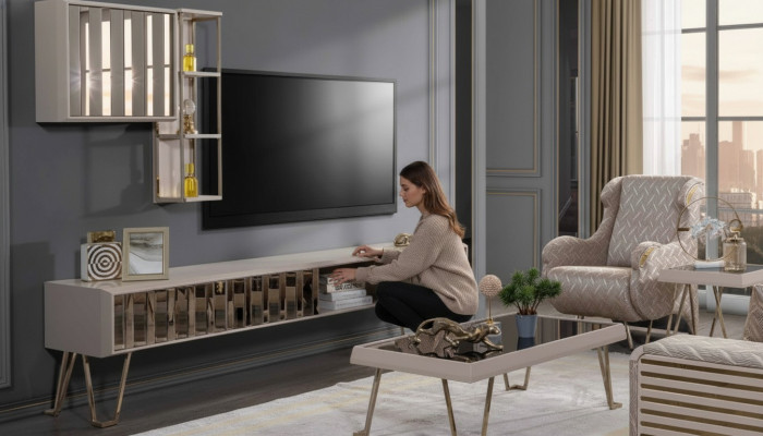 TV-staander RTV-wandrekken salontafel Beige Metaal Modern woonkamer set 3-delig