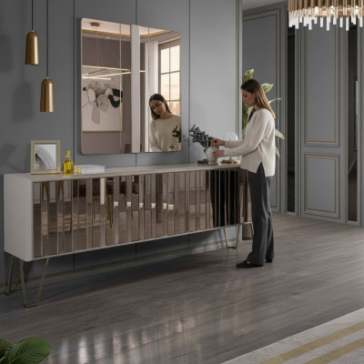 Luxe dressoir met spiegel stijlvol beige ladekast Modern meubeldesign set Nieuw