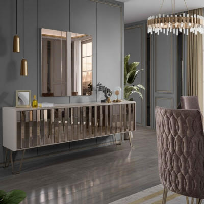 Luxe dressoir met spiegel stijlvol beige ladekast Modern meubeldesign set Nieuw