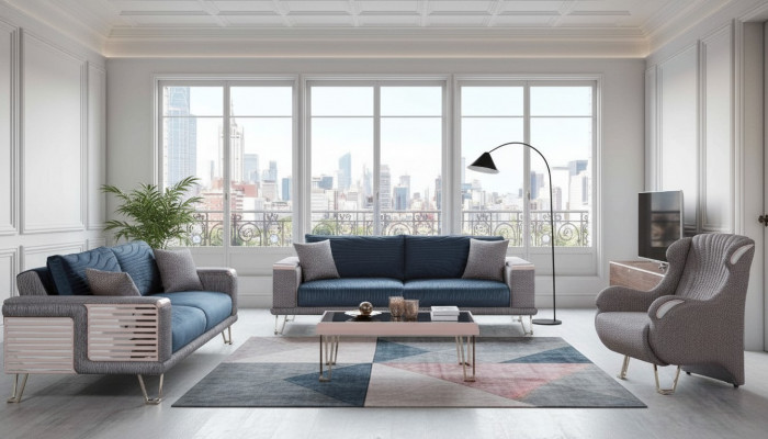 Bankstel 3+3+1 zits + salontafel Modern Textiel Compleet Blauw Nieuw