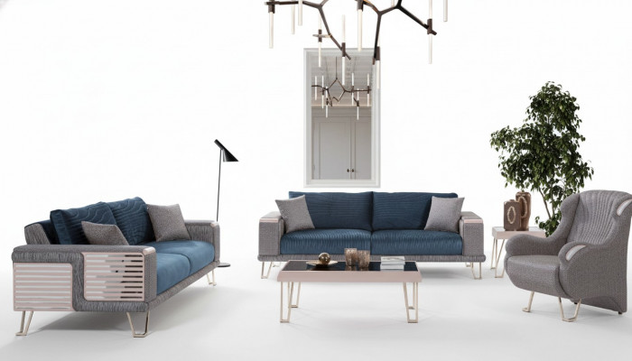 Bankstel 3+3+1 zits + salontafel Modern Textiel Compleet Blauw Nieuw