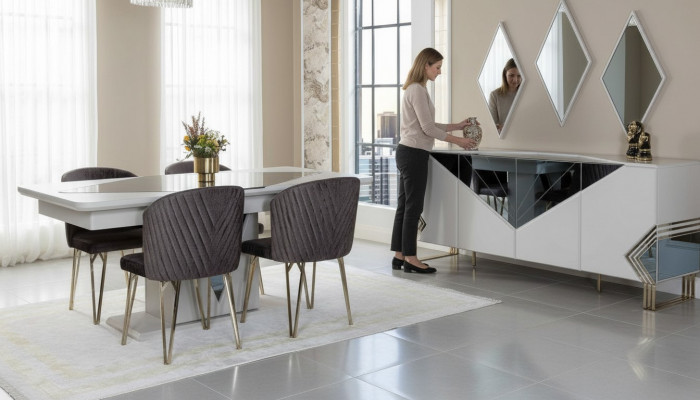 Luxe eetkamer set ontwerper eettafel x4 stoelen dressoir spiegel