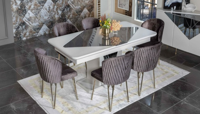Ontwerper Witte Eettafel x6 Donkerpaarse Textiel Stoelen Eetkamer Set