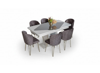 Ontwerper Witte Eettafel x6 Donkerpaarse Textiel Stoelen Eetkamer Set