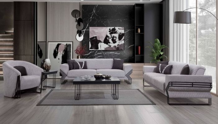 Lichtgrijze bankstel Moderne x2 gestoffeerde banken Designer fauteuils Tafels
