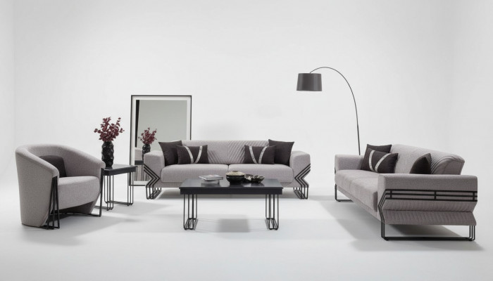 Lichtgrijze bankstel Moderne x2 gestoffeerde banken Designer fauteuils Tafels