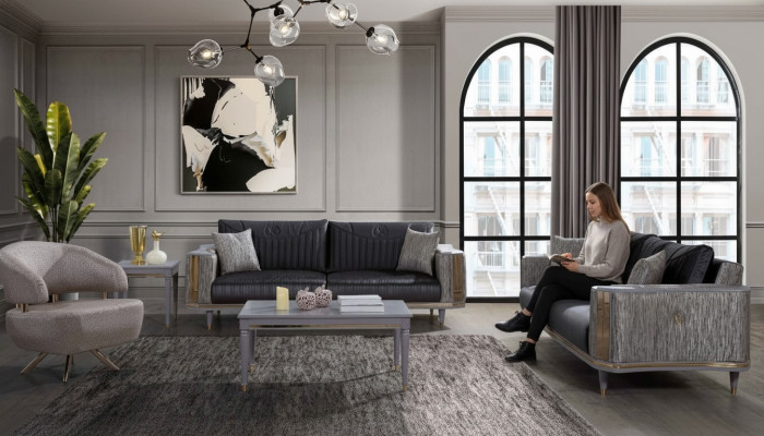 Grijze woonkamerset designer banken luxe salontafel bijzettafel