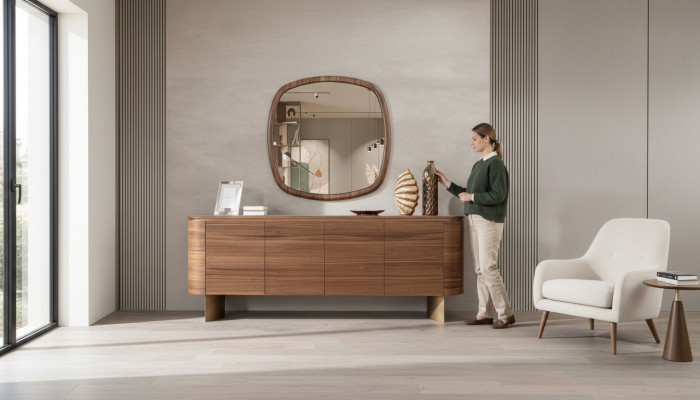 Moderne bruine ladekast 4-deurs dressoirdesigner dressoir spiegel.