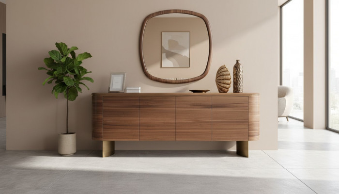 Moderne bruine ladekast 4-deurs dressoirdesigner dressoir spiegel.