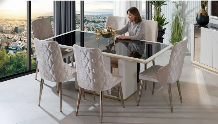 Exclusieve eetkamerset Luxe glazen tafel Designerstoelen 7-delig
