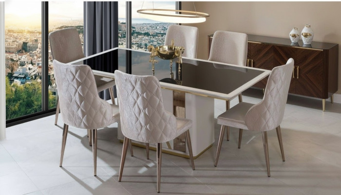 Exclusieve eetkamerset Luxe glazen tafel Designerstoelen 7-delig