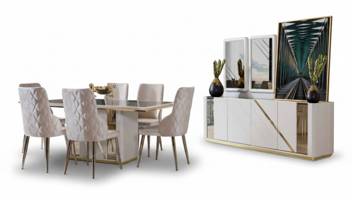 Beige roestvrijstalen eetkamerset, ontwerpeettafel x6 stoelen, dressoir.