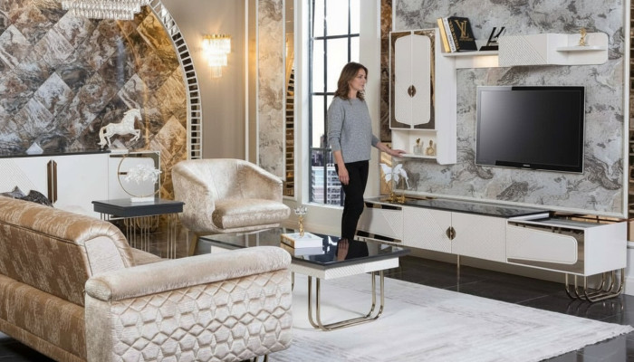Exclusieve roestvrijstalen tv-kast designer wandplank luxe woonkamerset