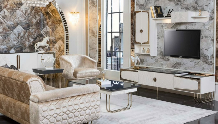 Exclusieve roestvrijstalen tv-kast designer wandplank luxe woonkamerset