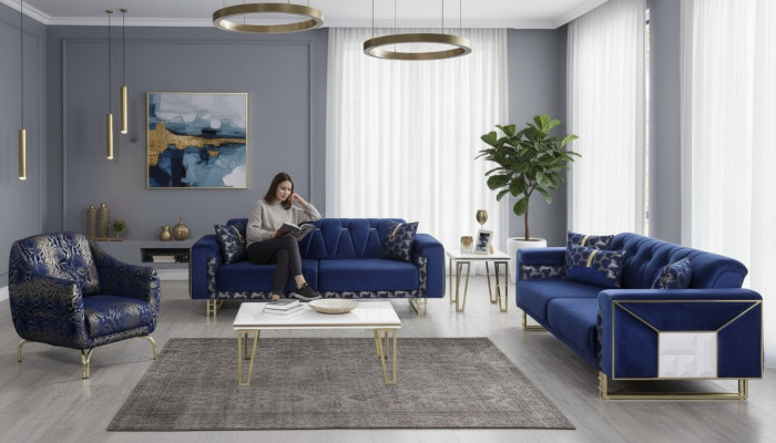 Luxe blauwe bankstel designer driezitsbank salontafel bijzettafel