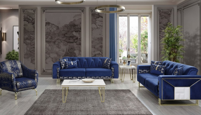 Luxe blauwe bankstel designer driezitsbank salontafel bijzettafel