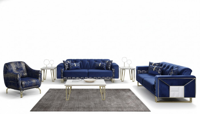 Luxe blauwe bankstel designer driezitsbank salontafel bijzettafel