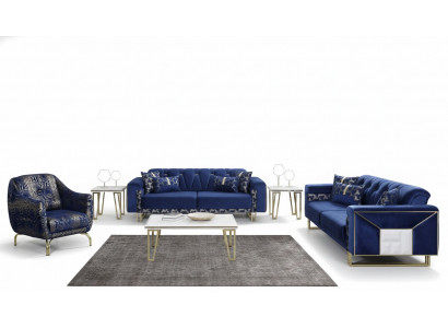 Luxe blauwe bankstel designer driezitsbank salontafel bijzettafel