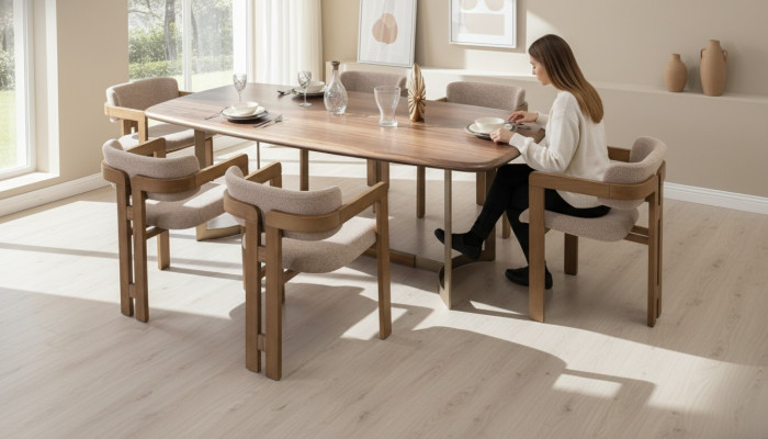 Bruine eetkamer set Designer gestoffeerde stoelen Eettafel Eettafelgroep