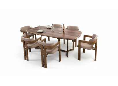 Bruine eetkamer set Designer gestoffeerde stoelen Eettafel Eettafelgroep