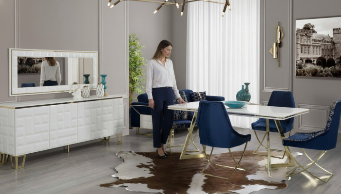 Exclusieve witte eetkamerset Luxueuze eettafel x4 stoelen 7-delig