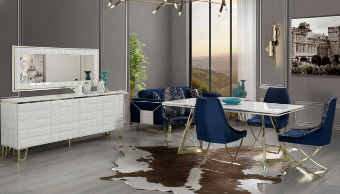 Exclusieve witte eetkamerset Luxueuze eettafel x4 stoelen 7-delig