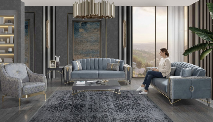 Luxe Grijze Chesterfield-beklede bankstel woonkamer 3-zits textiel fauteuil