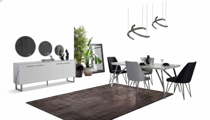 Grijswitte eetkamer meubels commode eettafel luxe gestoffeerde stoelen.